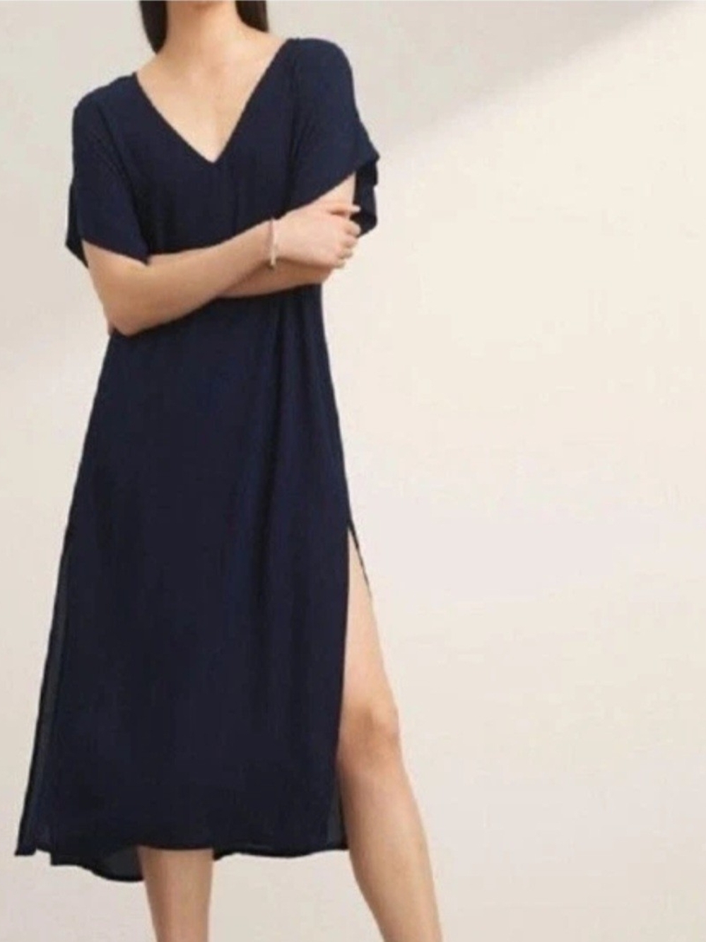 Babaton Navy V-Neck Midi Dress with Side Slit